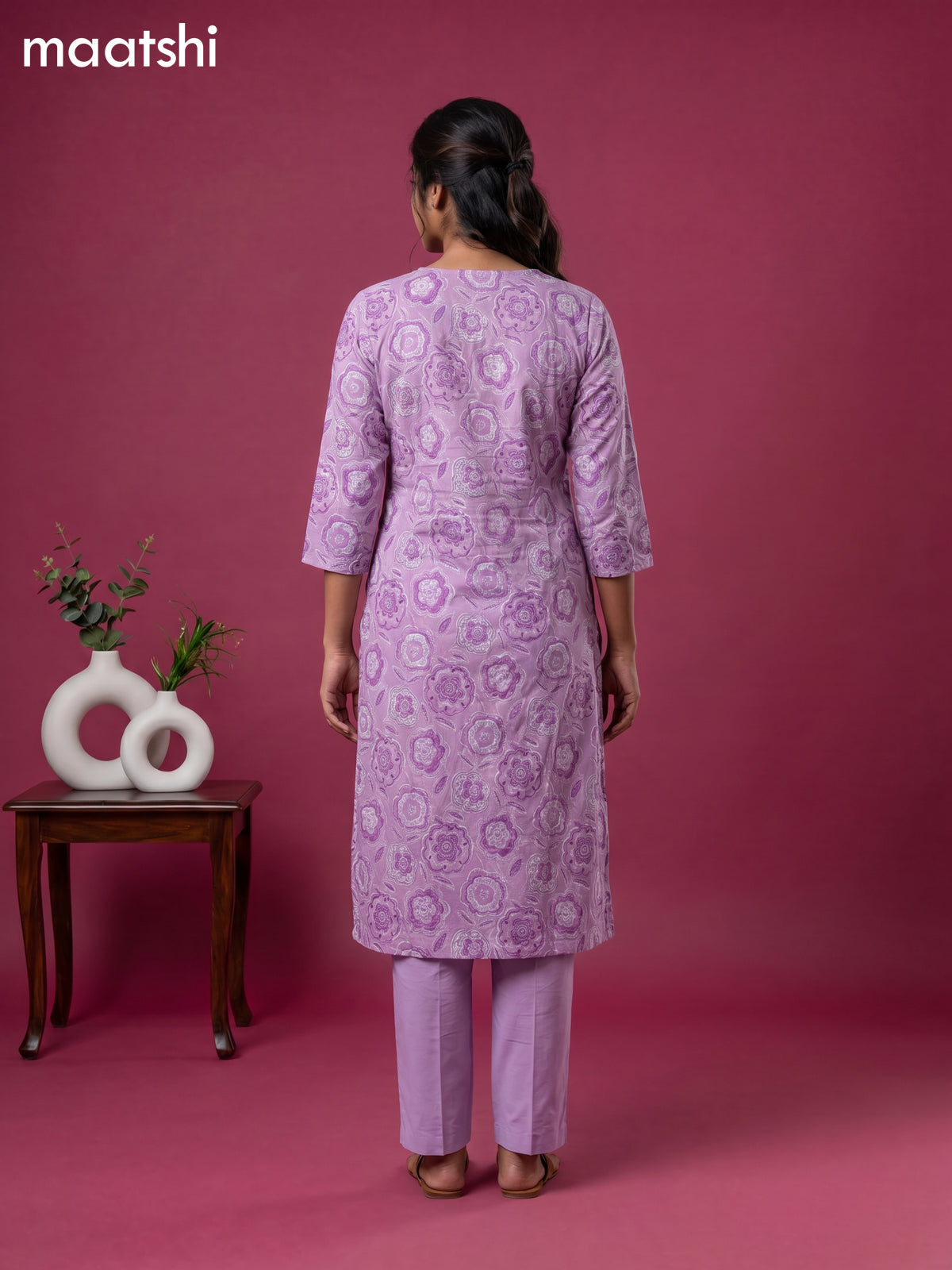 Lavender Cotton Printed & Simple Embroidery Work Neck Pattern Straight Suit
