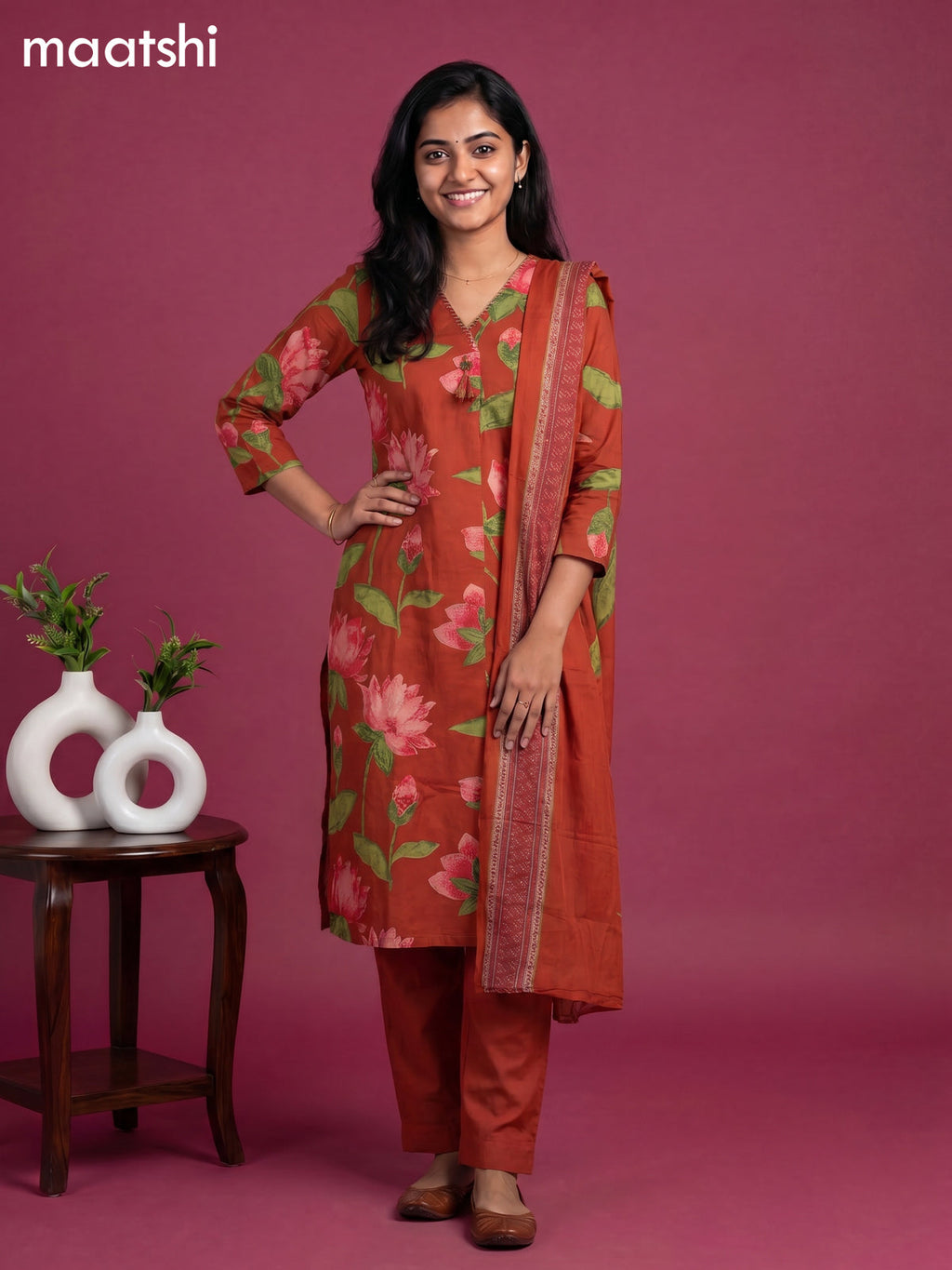 Rust Cotton Printed & Simple Embroidery Work Neck Pattern Straight Suit