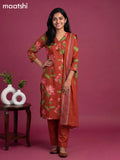 Rust Cotton Printed & Simple Embroidery Work Neck Pattern Straight Suit