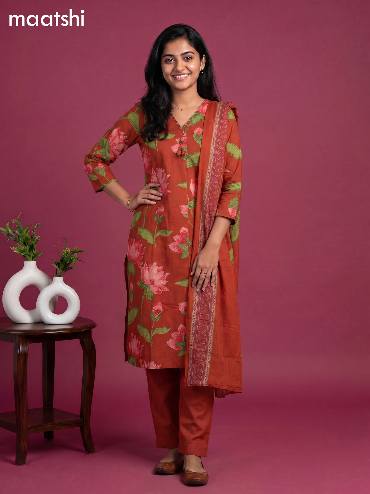 Rust Cotton Printed & Simple Embroidery Work Neck Pattern Straight Suit
