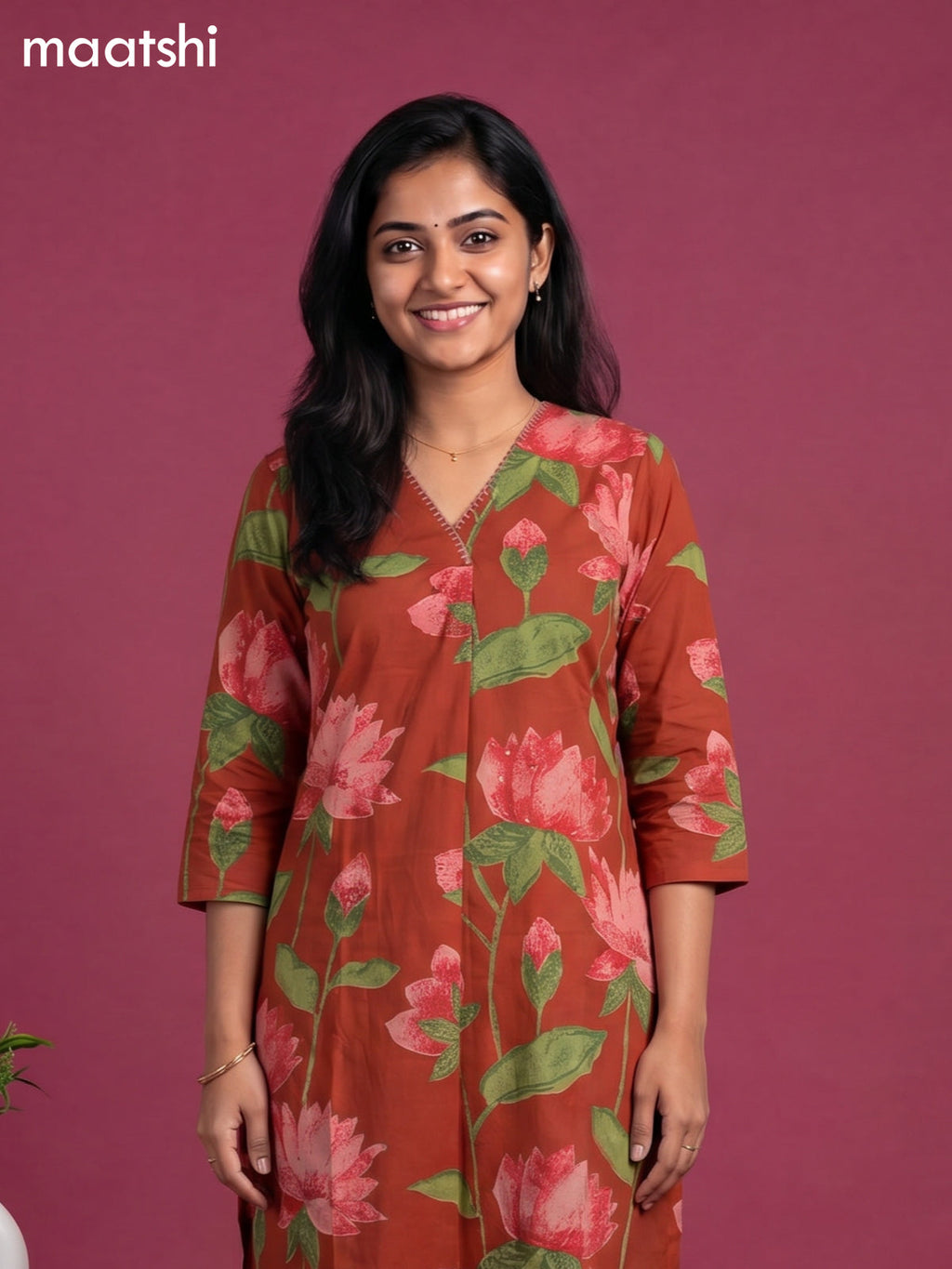 Rust Cotton Printed & Simple Embroidery Work Neck Pattern Straight Suit