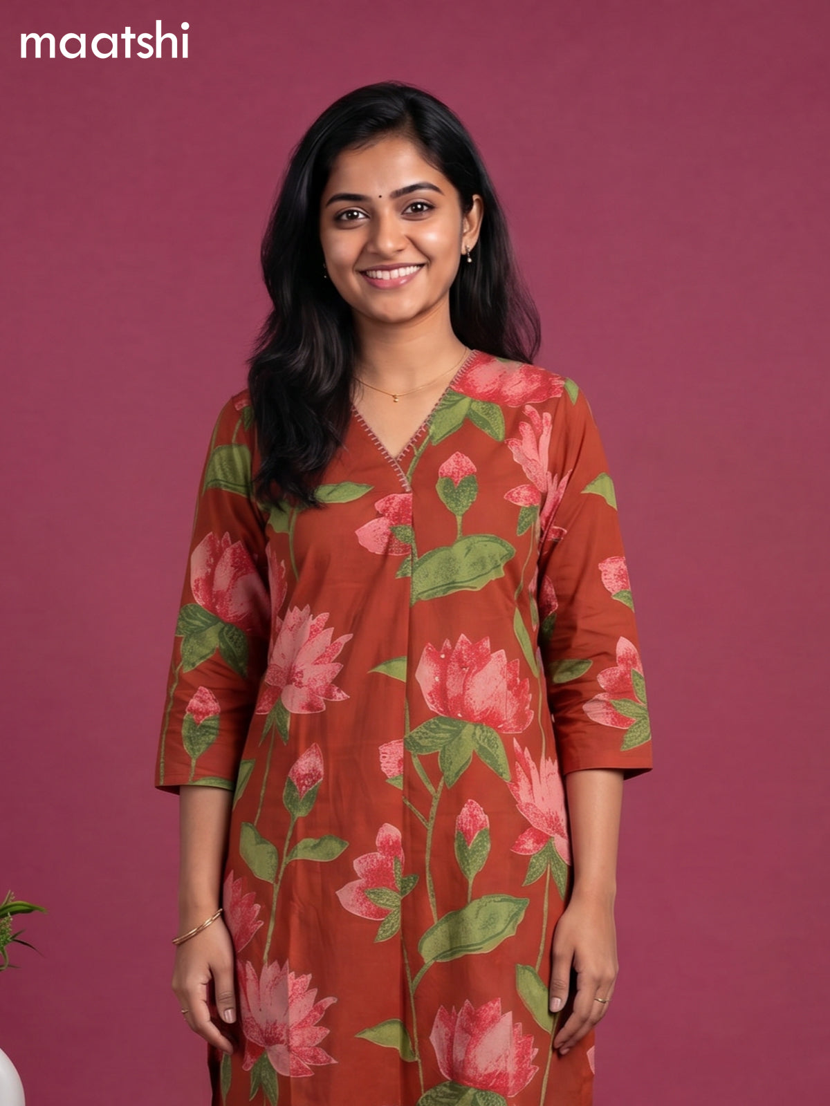 Rust Cotton Printed & Simple Embroidery Work Neck Pattern Straight Suit