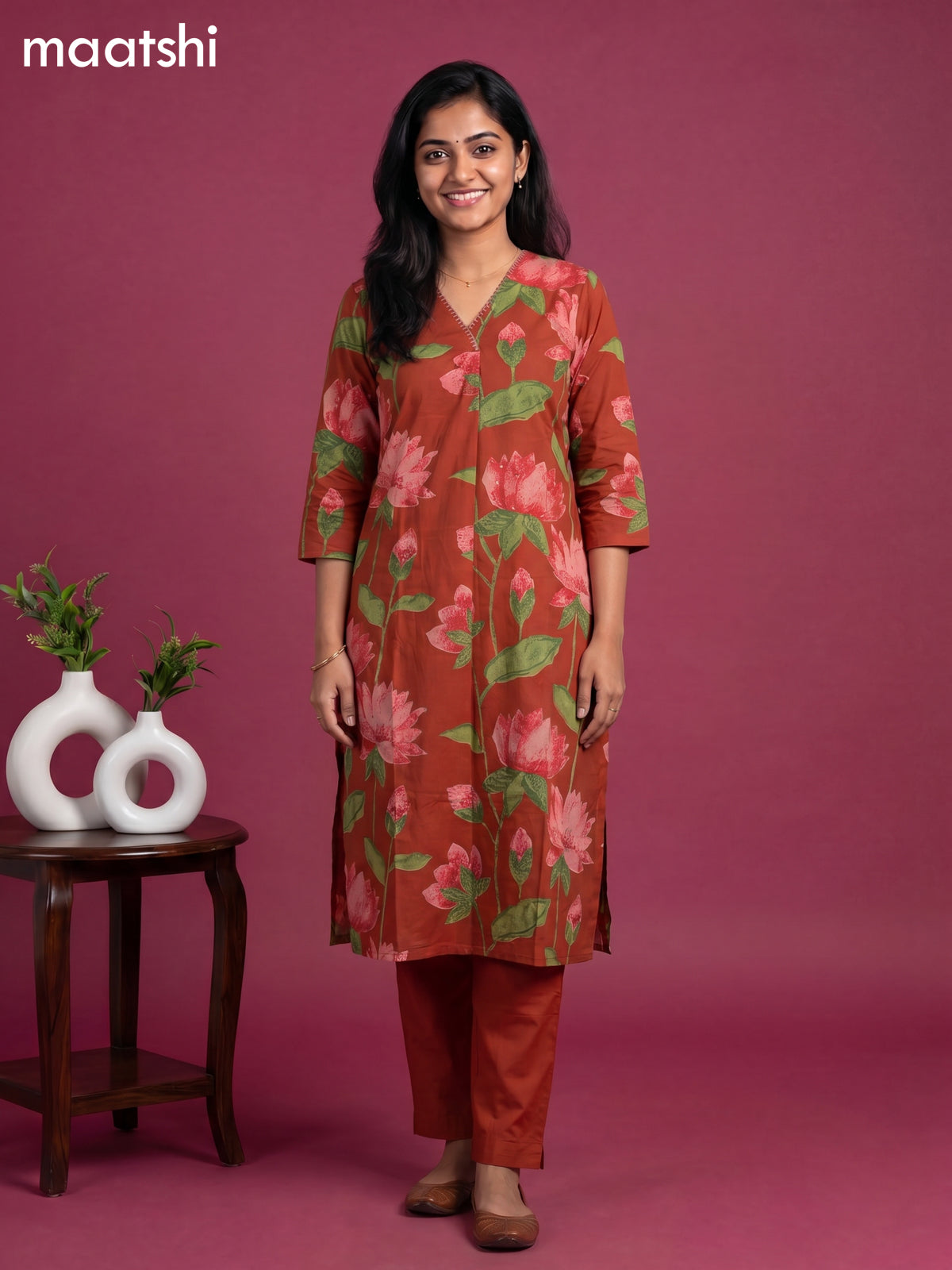 Rust Cotton Printed & Simple Embroidery Work Neck Pattern Straight Suit