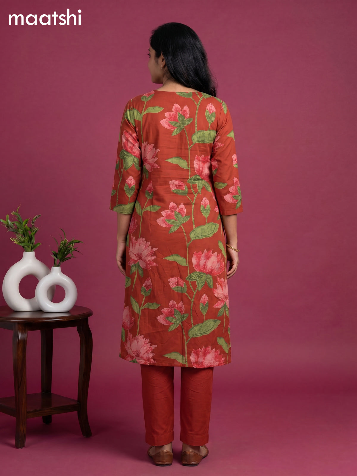 Rust Cotton Printed & Simple Embroidery Work Neck Pattern Straight Suit