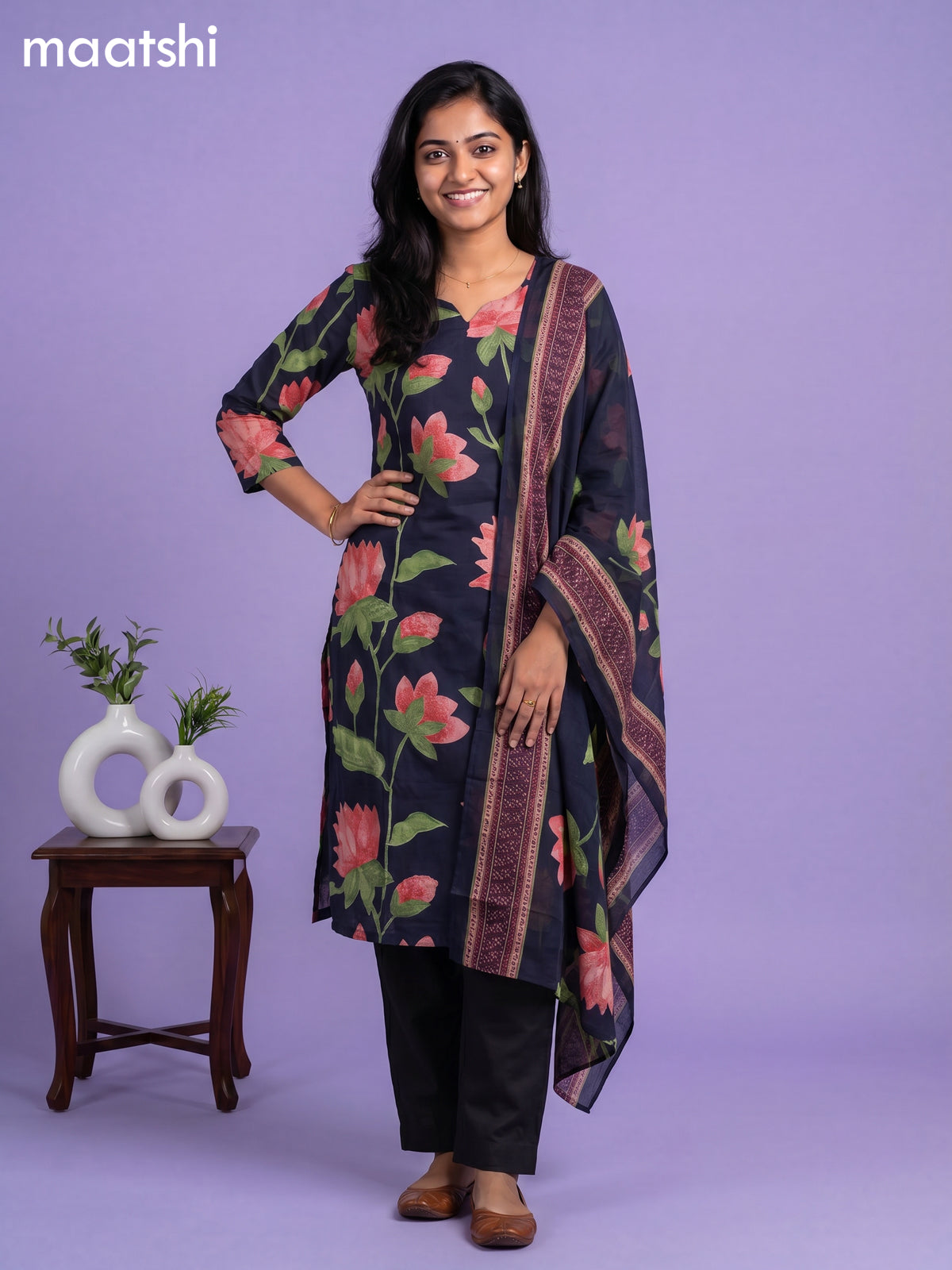 Dark Blue Cotton Printed & Simple Embroidery Work Neck Pattern Straight Suit