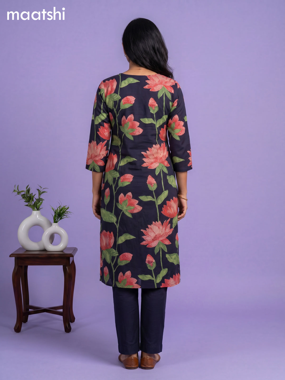 Dark Blue Cotton Printed & Simple Embroidery Work Neck Pattern Straight Suit