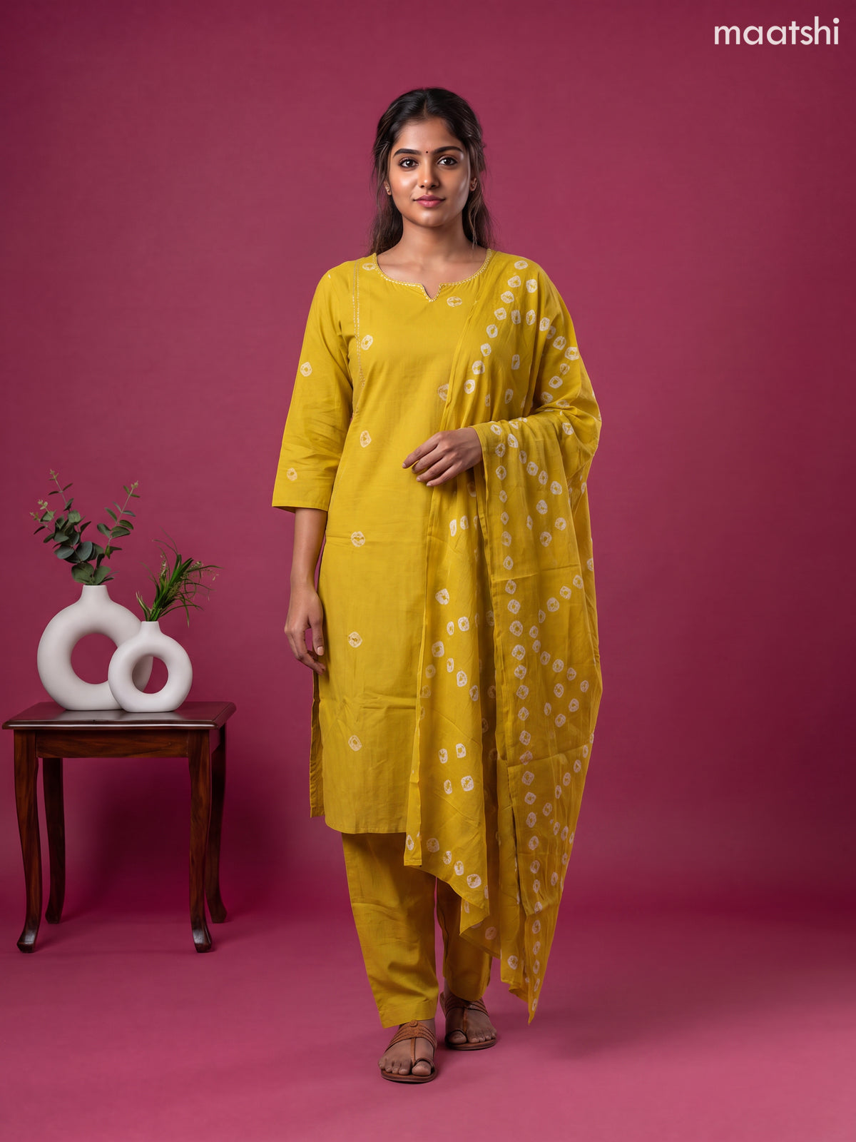 Mustard Yellow Cotton Printed & Simple Embroidery Work Neck Pattern Straight Suit