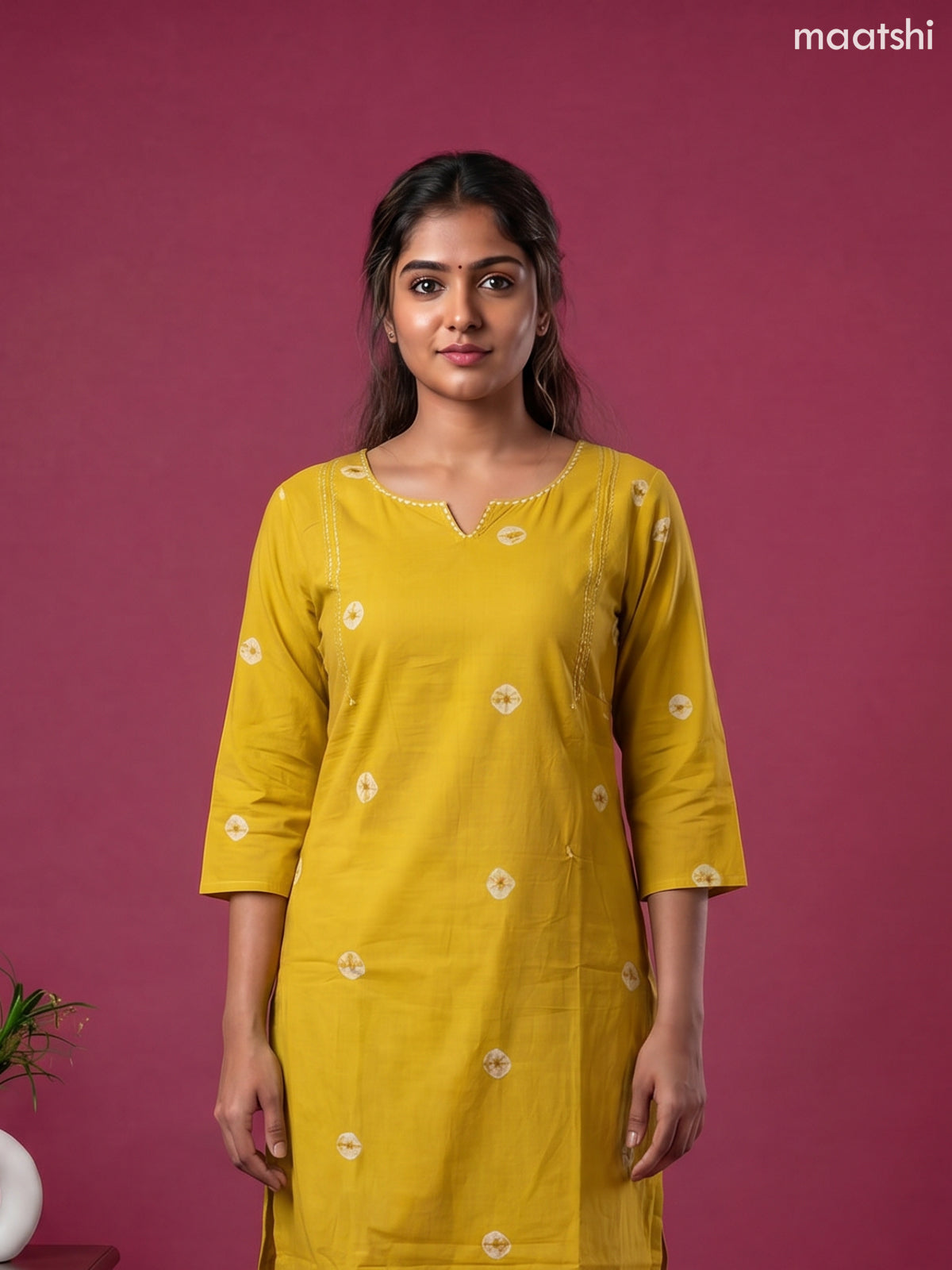 Mustard Yellow Cotton Printed & Simple Embroidery Work Neck Pattern Straight Suit