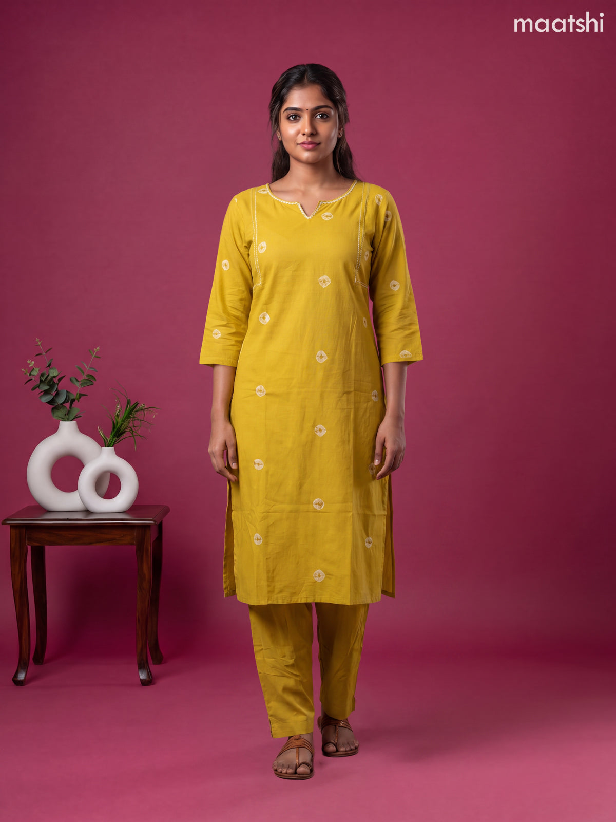 Mustard Yellow Cotton Printed & Simple Embroidery Work Neck Pattern Straight Suit