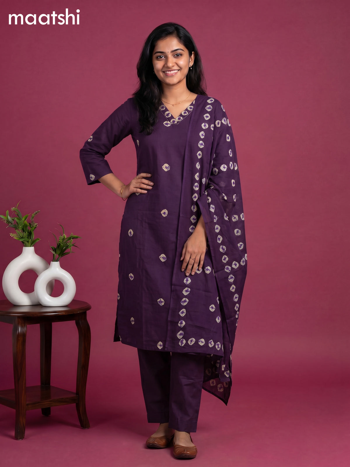 Purple Cotton Printed & Simple Embroidery Work Neck Pattern Straight Suit