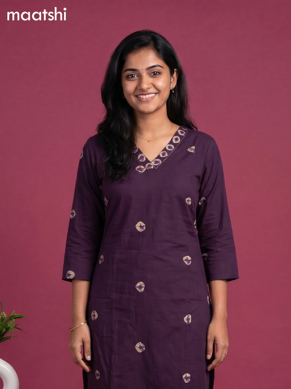 Purple Cotton Printed & Simple Embroidery Work Neck Pattern Straight Suit