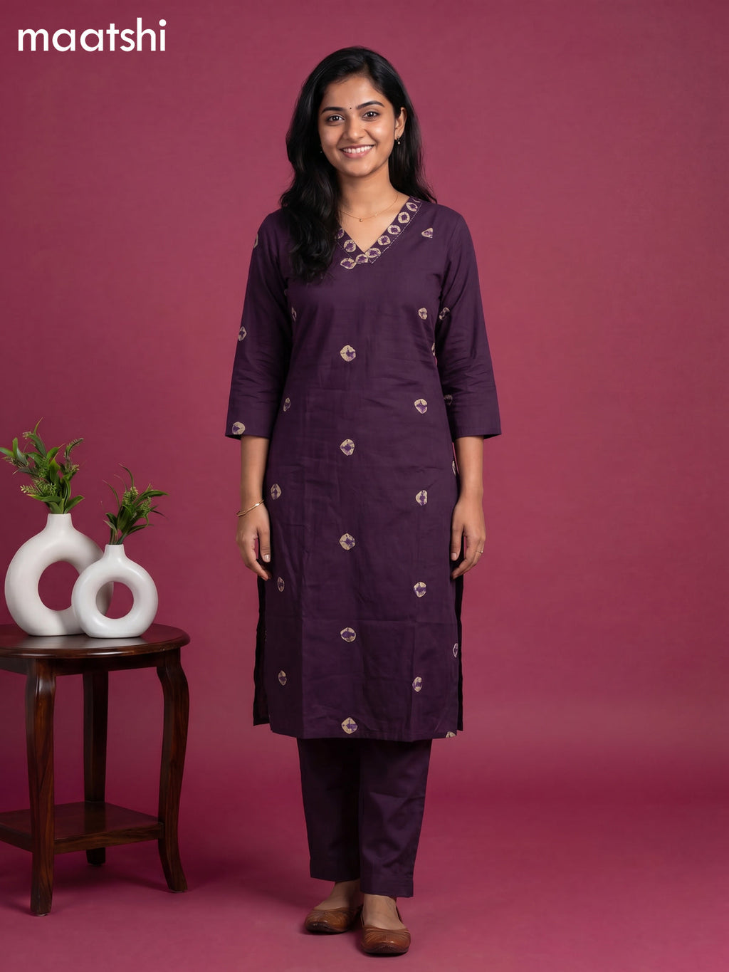 Purple Cotton Printed & Simple Embroidery Work Neck Pattern Straight Suit
