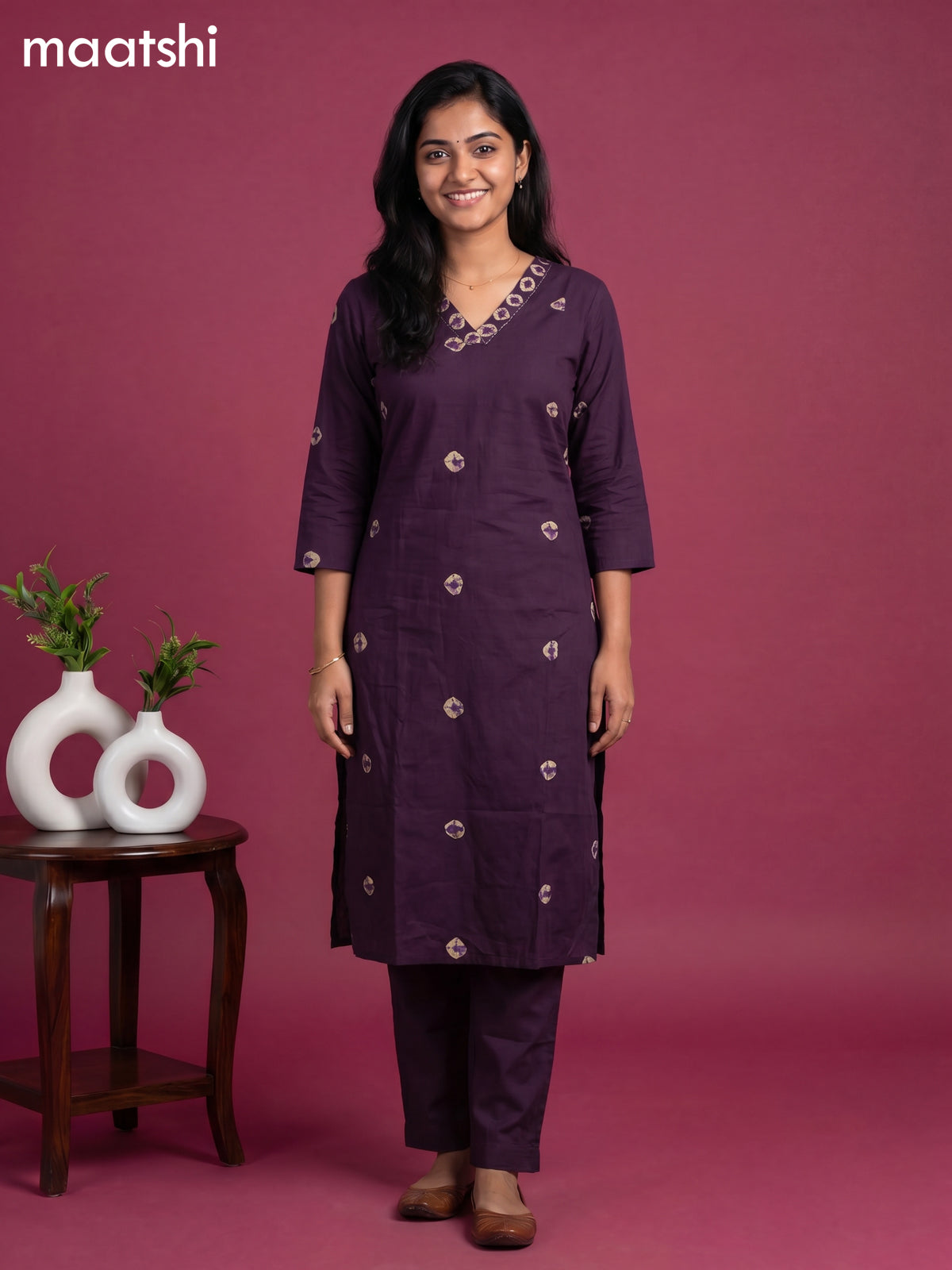 Purple Cotton Printed & Simple Embroidery Work Neck Pattern Straight Suit