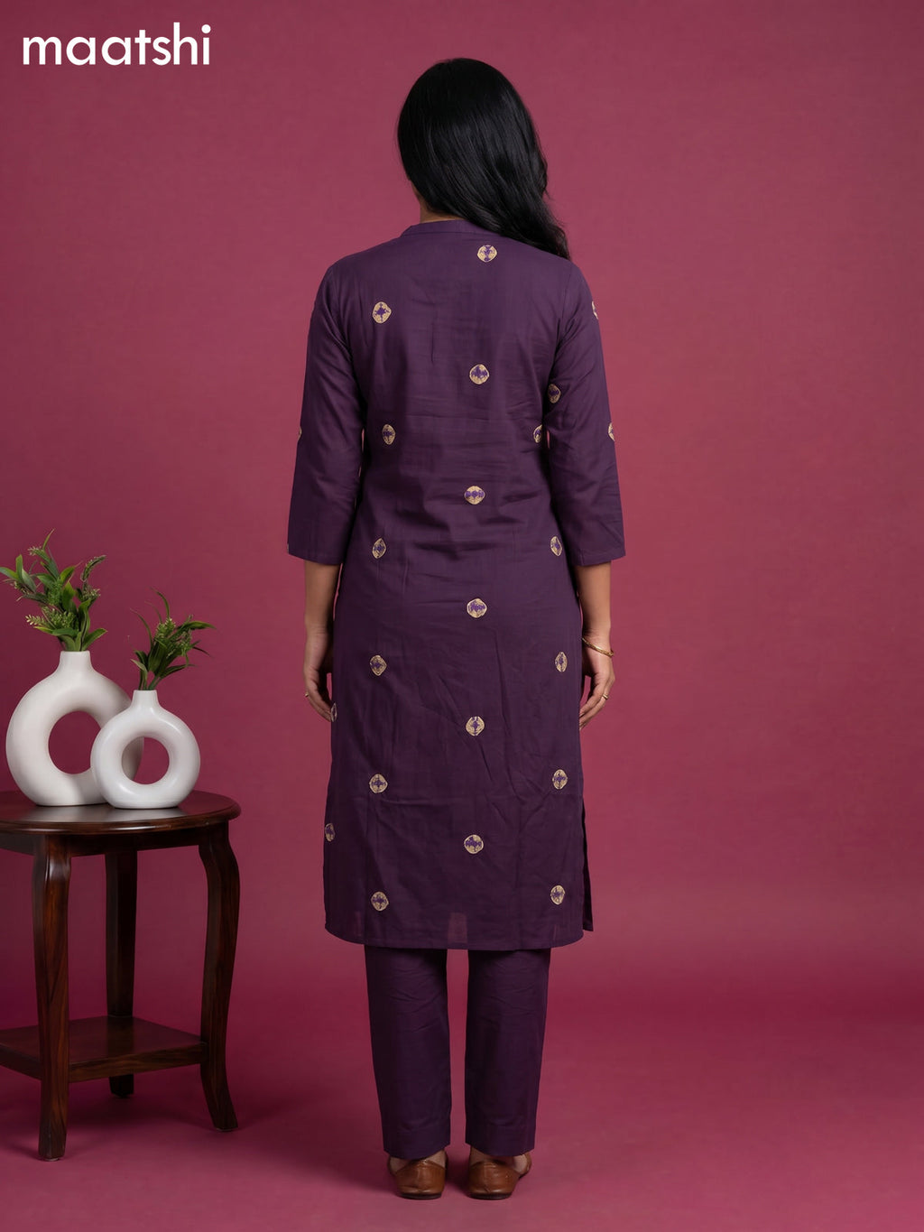 Purple Cotton Printed & Simple Embroidery Work Neck Pattern Straight Suit