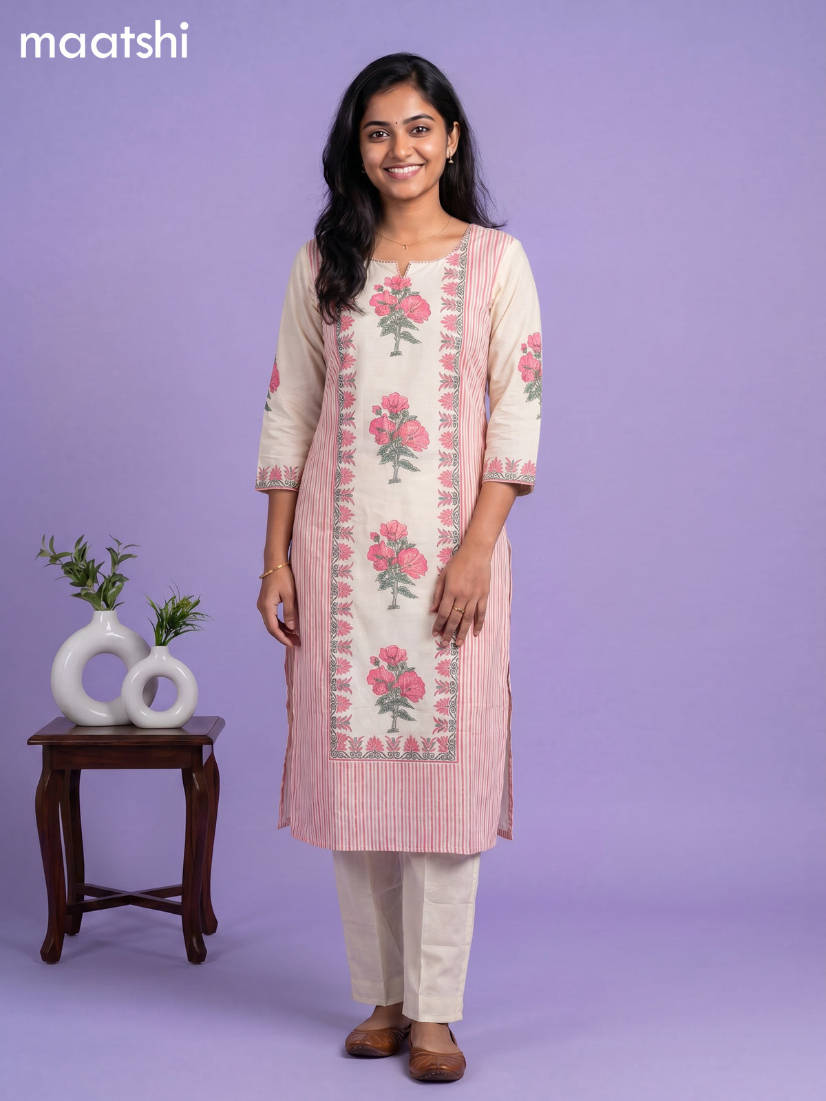 Cream and Pink Cotton Floral Printed Straight Suit
