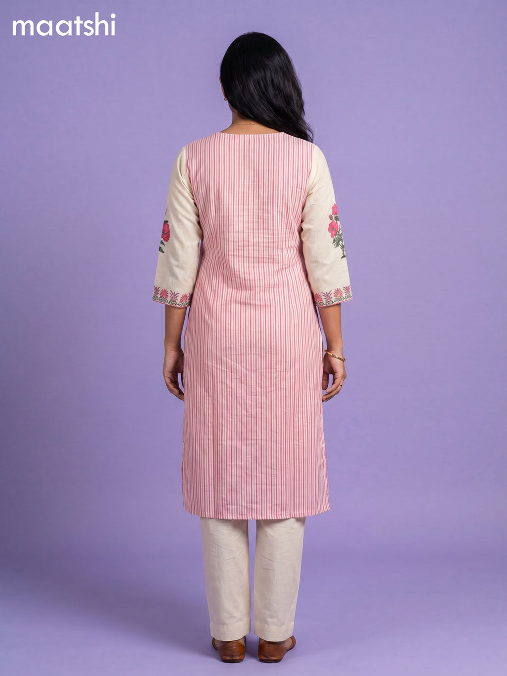 Cream and Pink Cotton Floral Printed Straight Suit