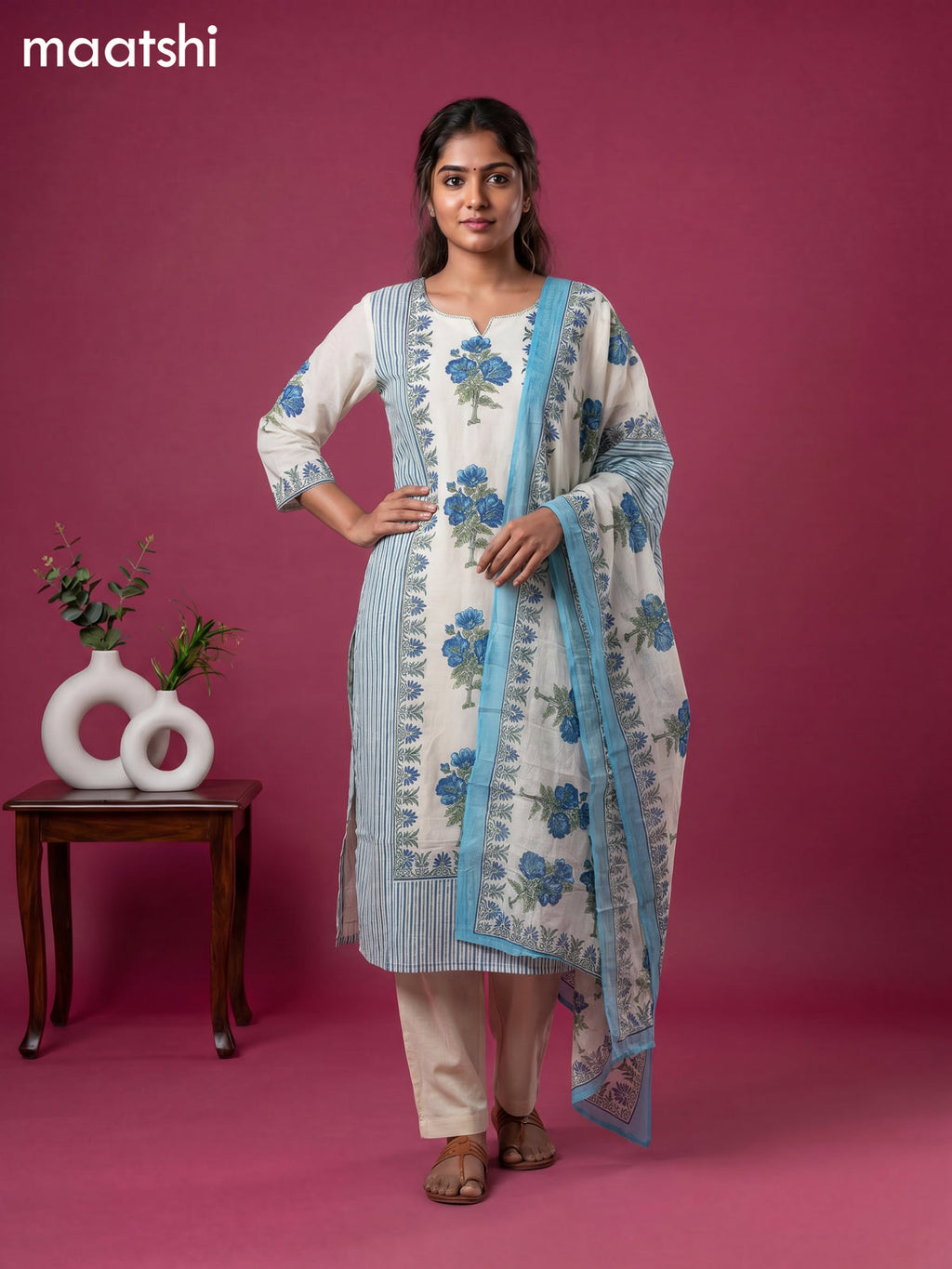 Cream and Blue Cotton Floral Printed Straight Suit