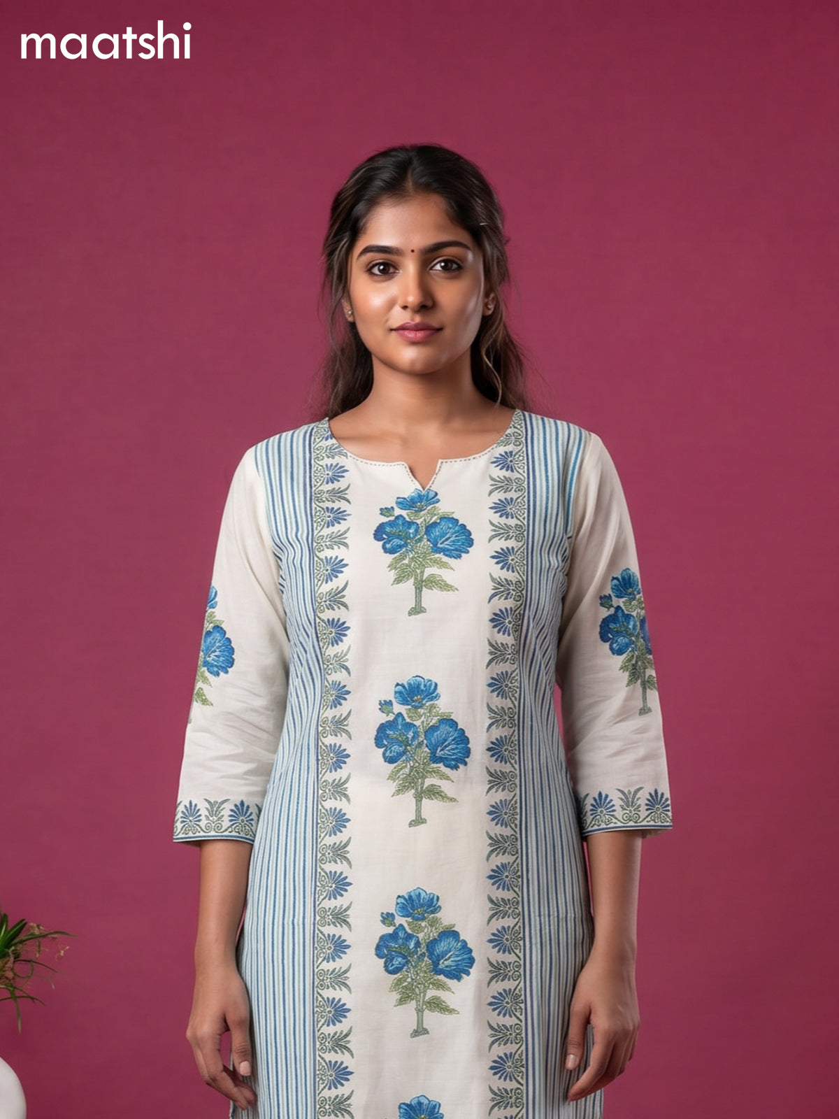 Cream and Blue Cotton Floral Printed Straight Suit