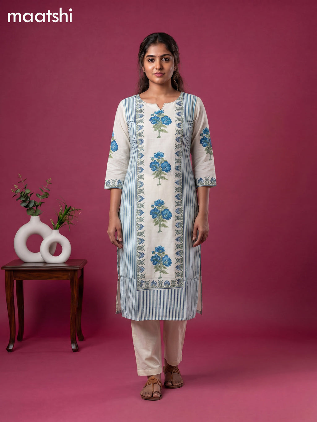 Cream and Blue Cotton Floral Printed Straight Suit