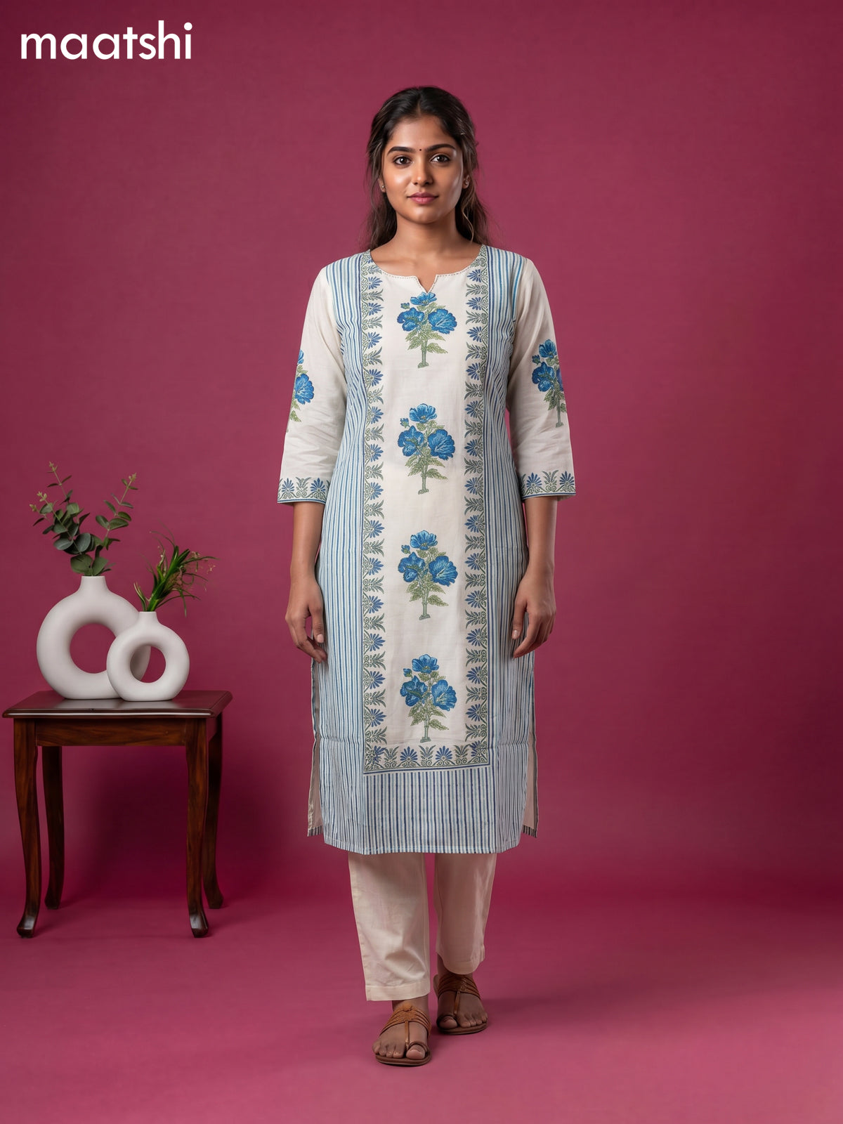 Cream and Blue Cotton Floral Printed Straight Suit