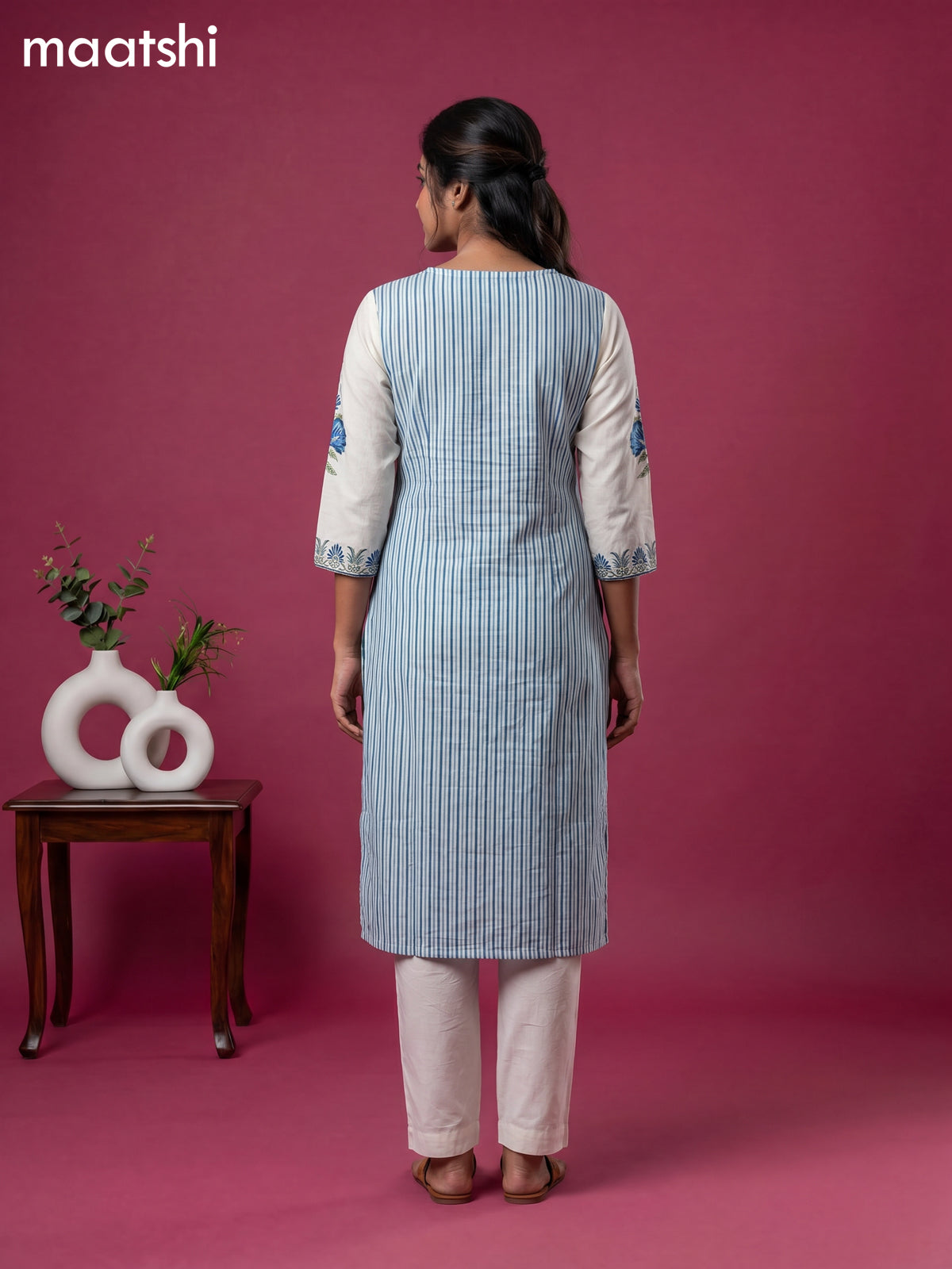 Cream and Blue Cotton Floral Printed Straight Suit