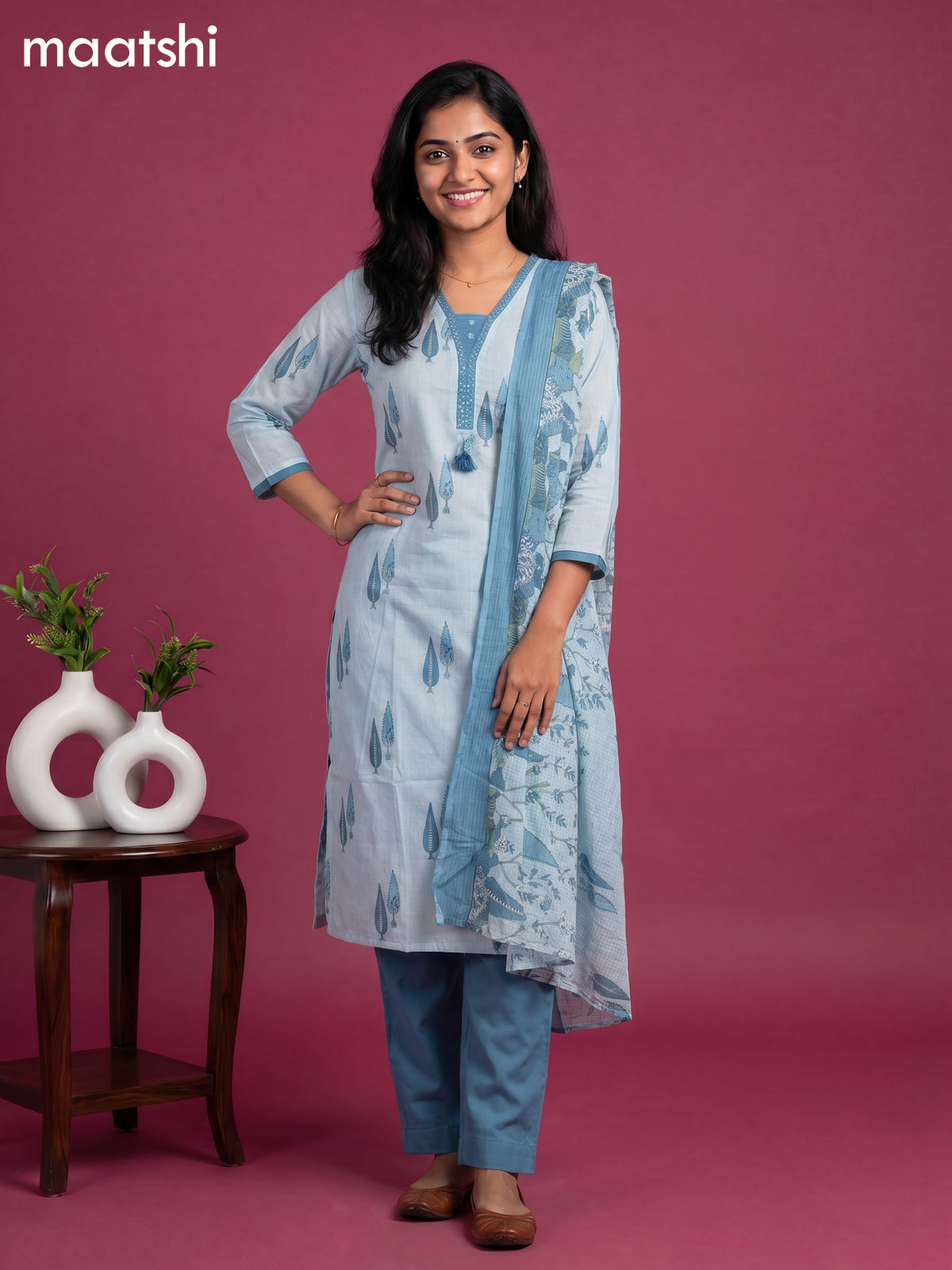 Teal Blue and Blue Cotton Floral Printed Straight Suit