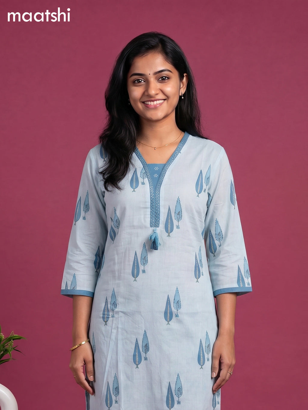 Teal Blue and Blue Cotton Floral Printed Straight Suit