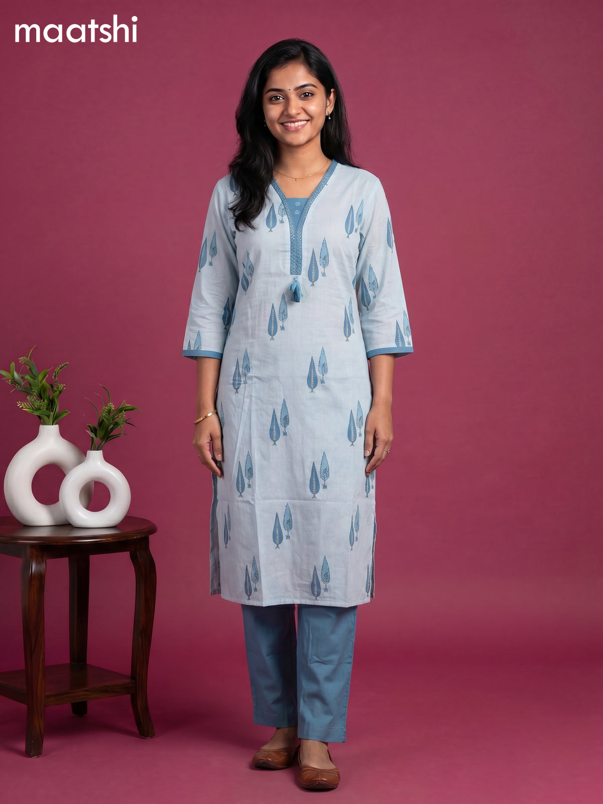 Teal Blue and Blue Cotton Floral Printed Straight Suit