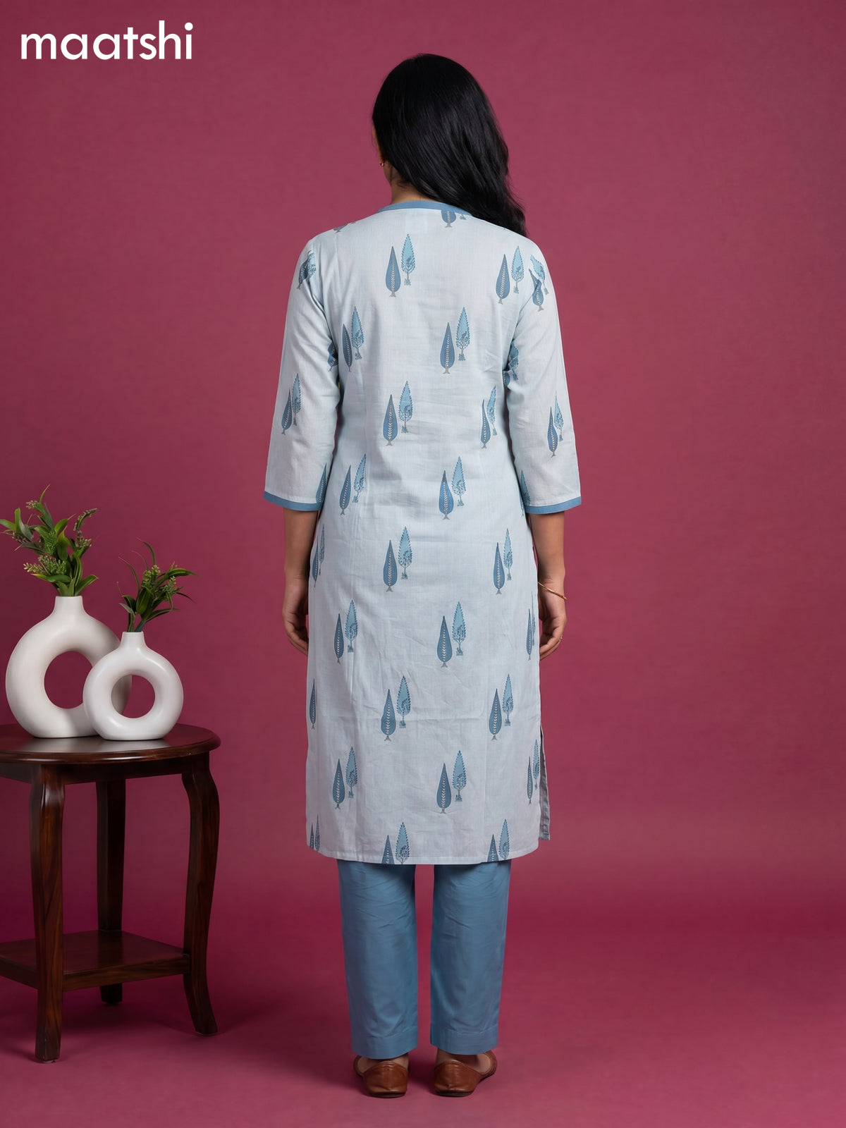 Teal Blue and Blue Cotton Floral Printed Straight Suit