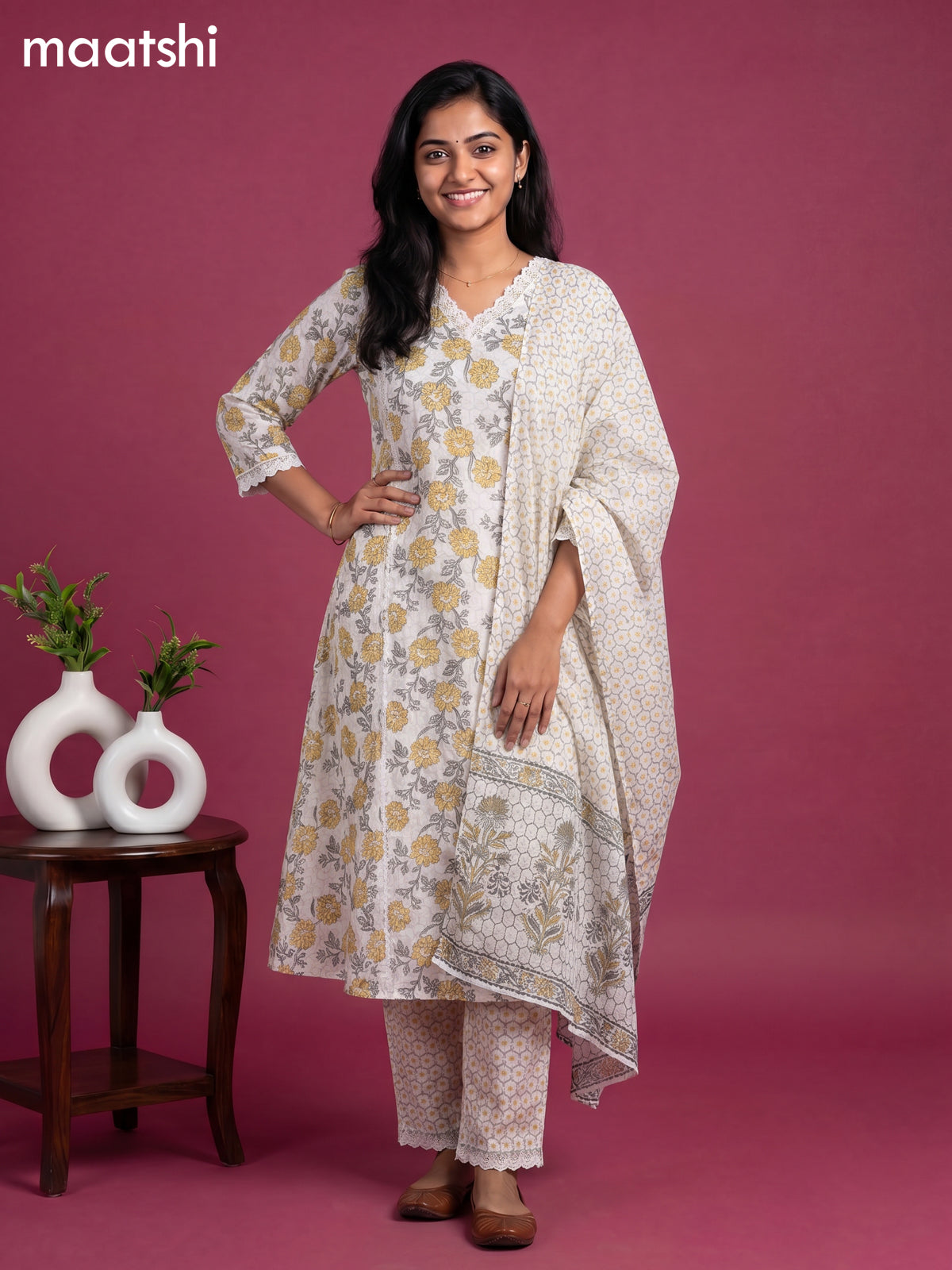 White Cotton Floral Printed & Lace Work A-Line Suit