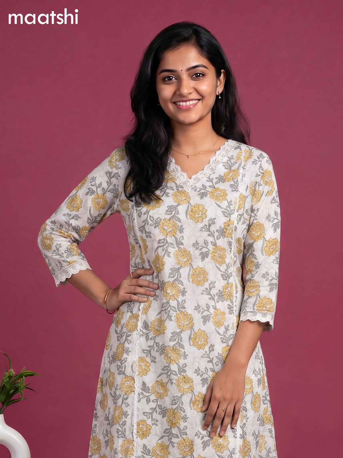 White Cotton Floral Printed & Lace Work A-Line Suit