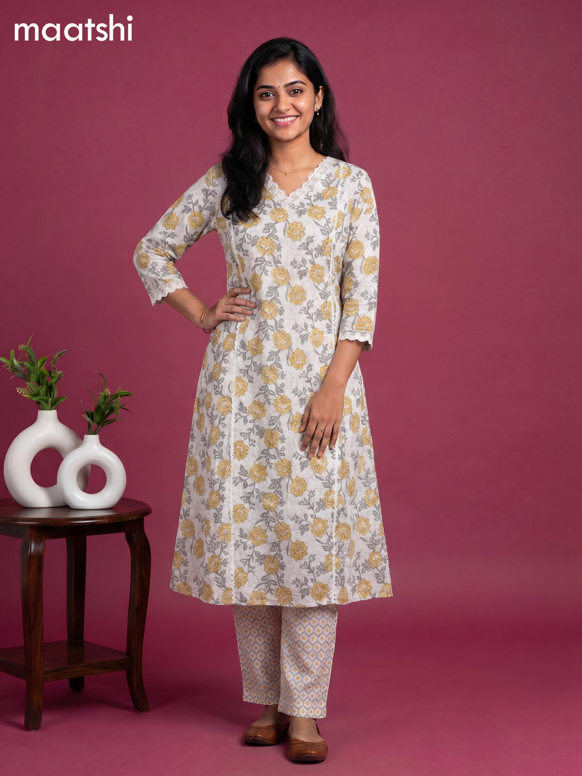 White Cotton Floral Printed & Lace Work A-Line Suit
