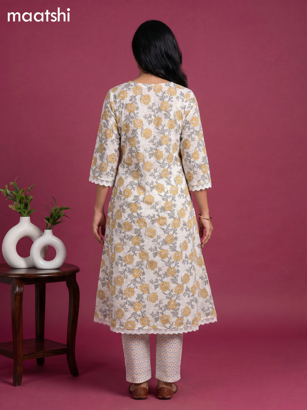White Cotton Floral Printed & Lace Work A-Line Suit