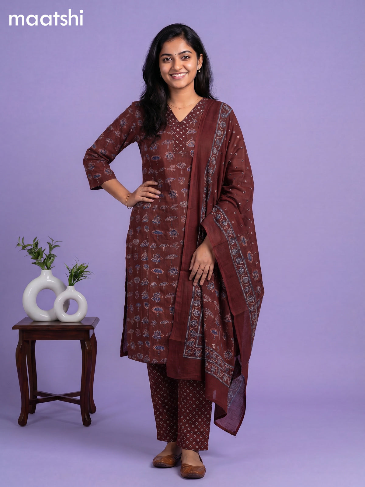Coffee Brown Cotton Floral Printed & Lace Work Straight Suit