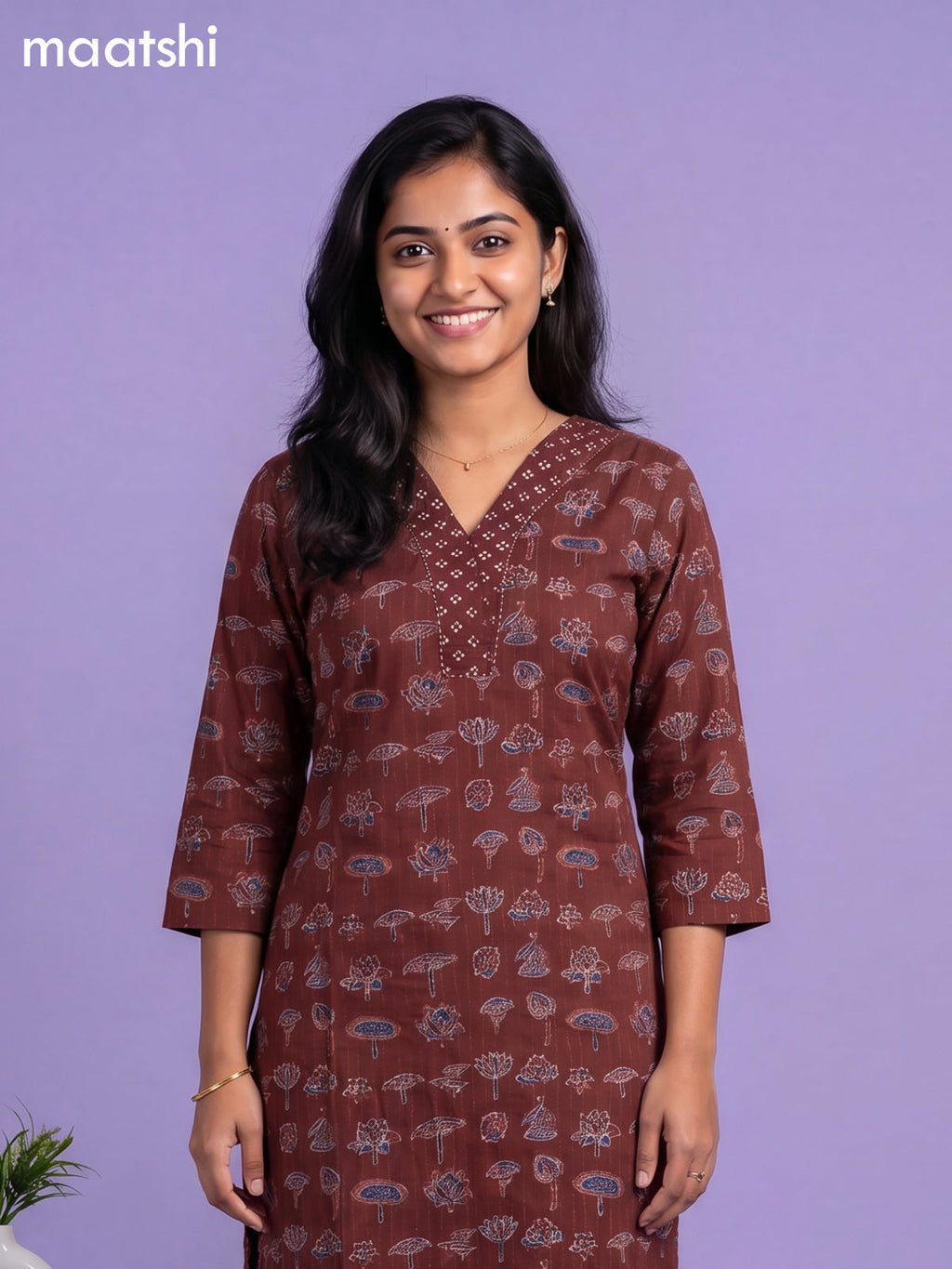 Coffee Brown Cotton Floral Printed & Lace Work Straight Suit