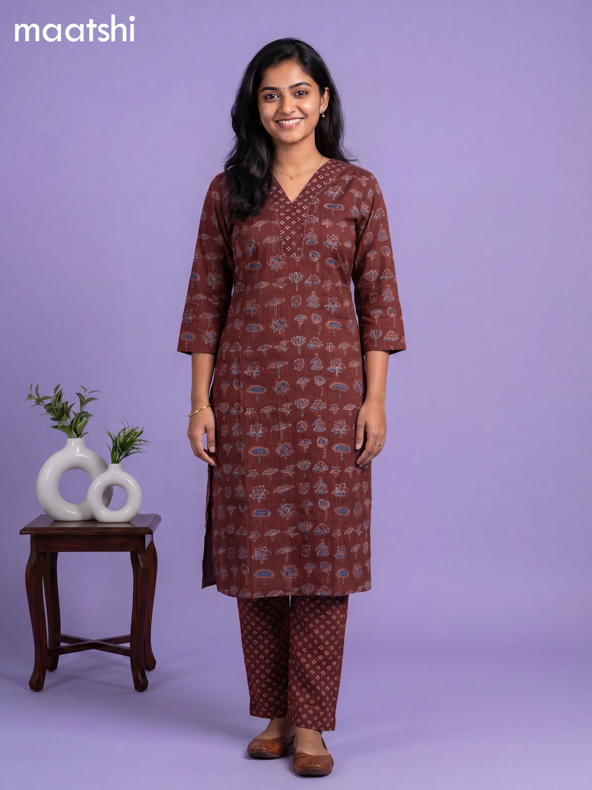 Coffee Brown Cotton Floral Printed & Lace Work Straight Suit