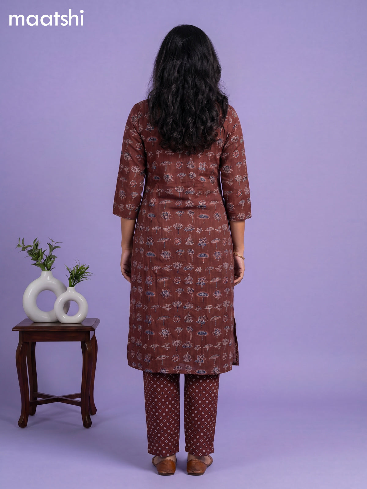 Coffee Brown Cotton Floral Printed & Lace Work Straight Suit