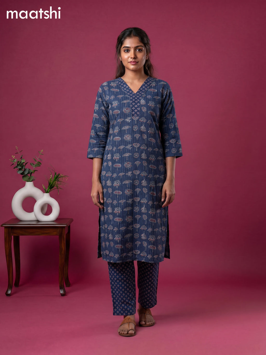 Dark Blue Cotton Floral Printed & Lace Work Straight Suit