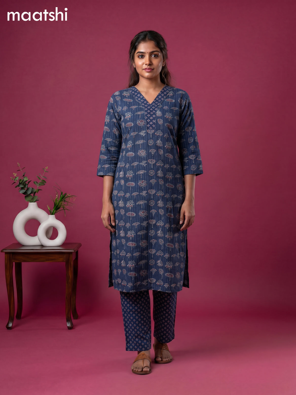 Dark Blue Cotton Floral Printed & Lace Work Straight Suit