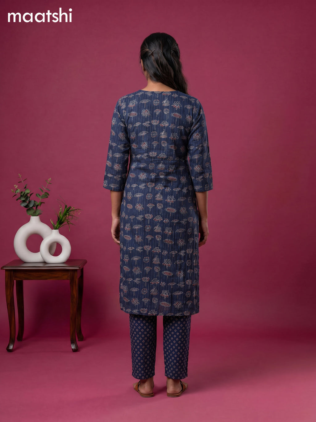 Dark Blue Cotton Floral Printed & Lace Work Straight Suit