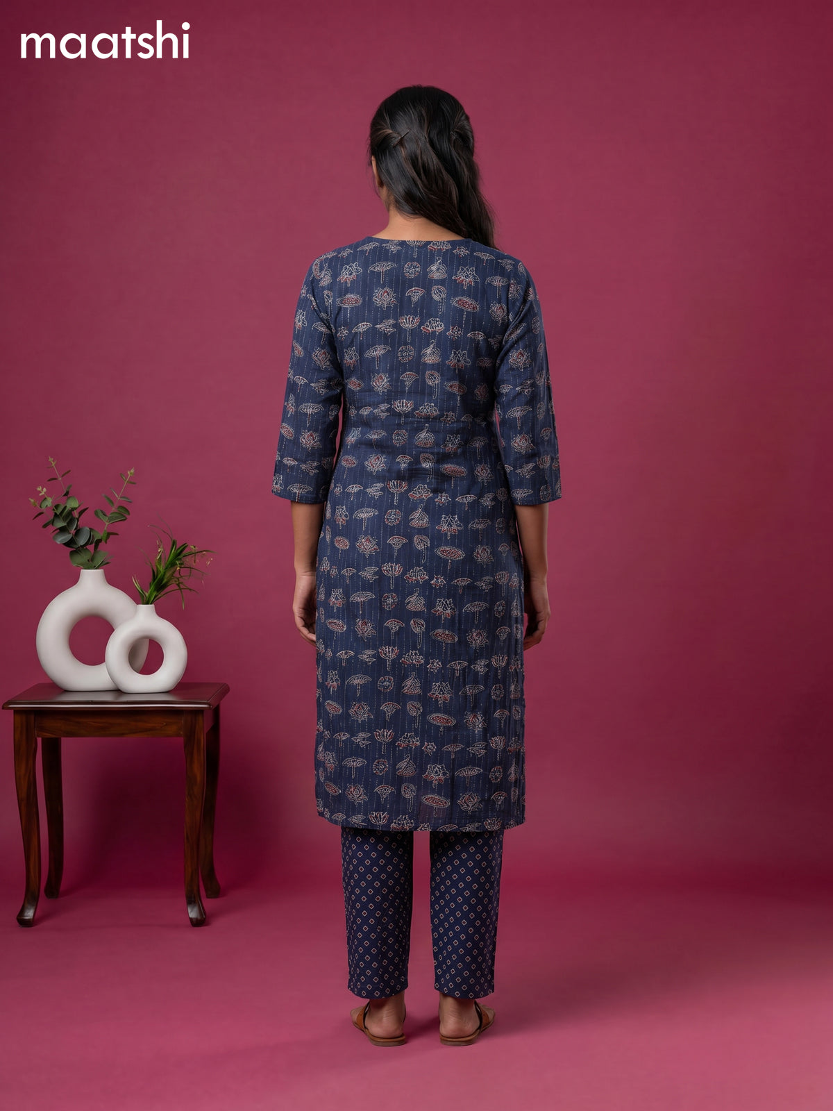Dark Blue Cotton Floral Printed & Lace Work Straight Suit