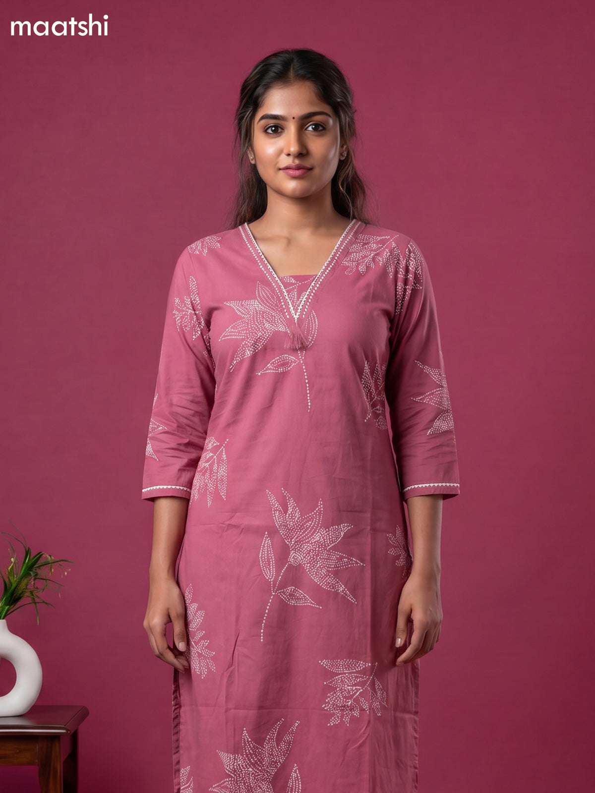 Mauve Pink Cotton Printed & Simple Embroidery Work Straight Suit