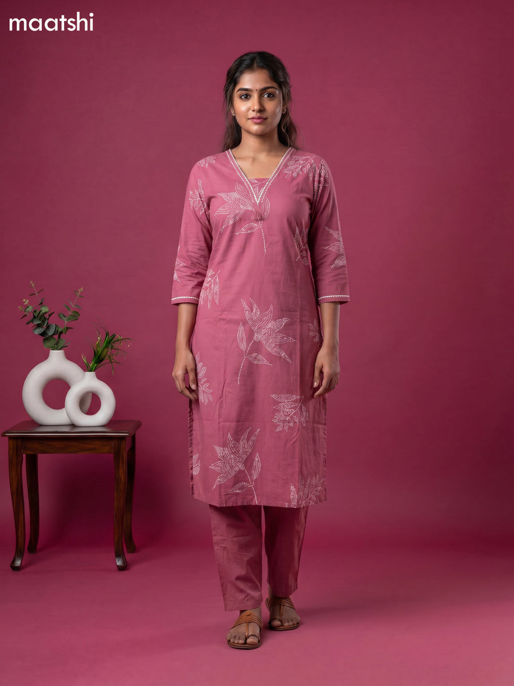 Mauve Pink Cotton Printed & Simple Embroidery Work Straight Suit