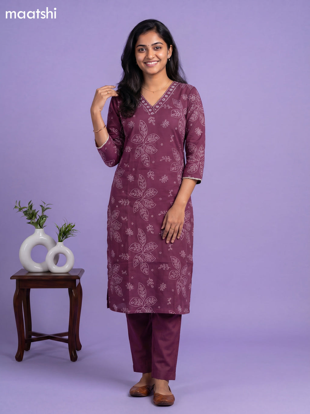 Wine Cotton Printed & Simple Embroidery Work Straight Suit