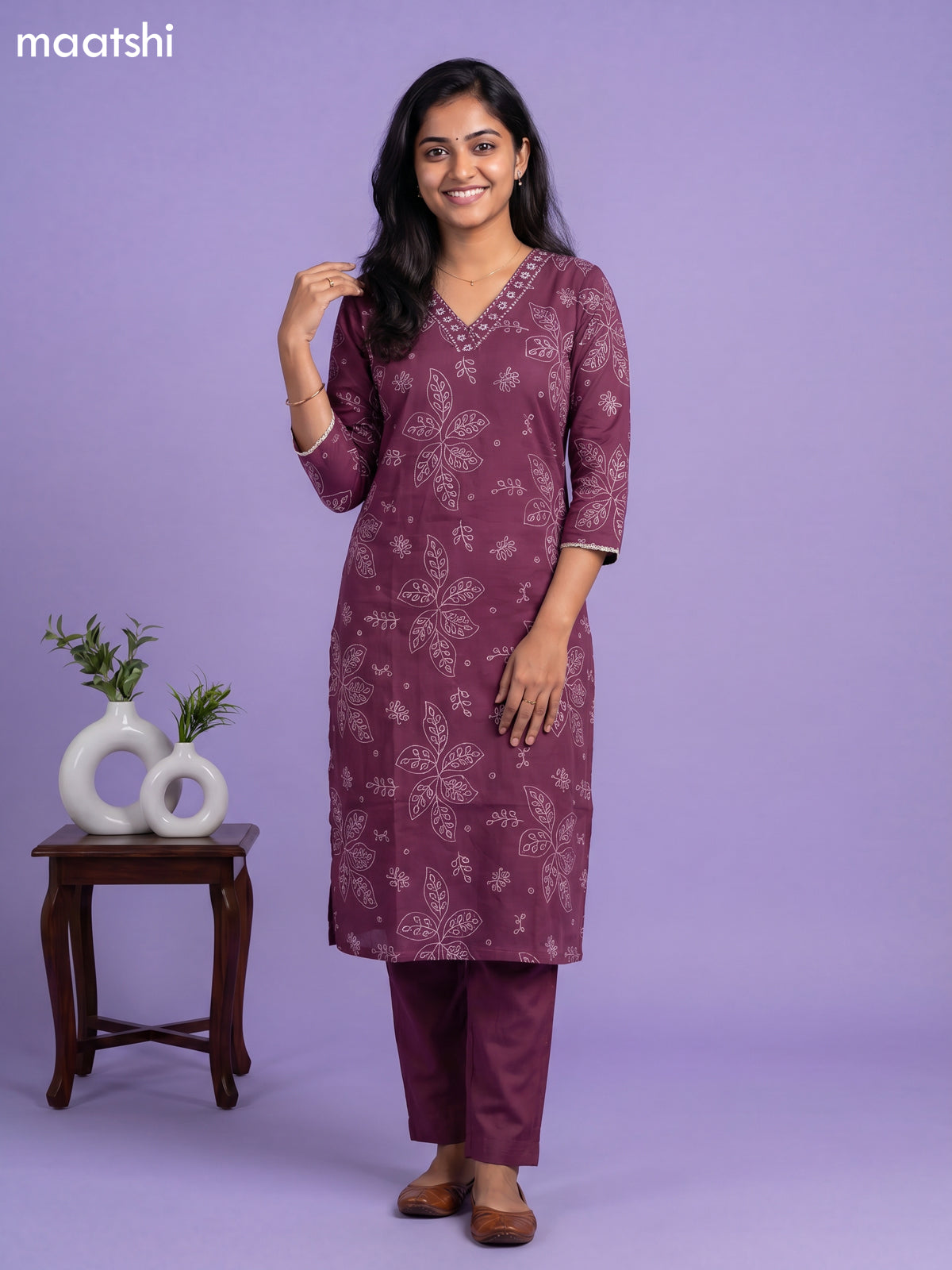 Wine Cotton Printed & Simple Embroidery Work Straight Suit