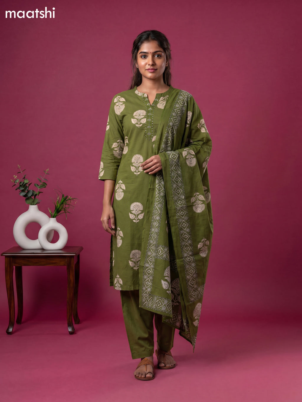 Sap Green Cotton Printed & Simple Embroidery Work Straight Suit