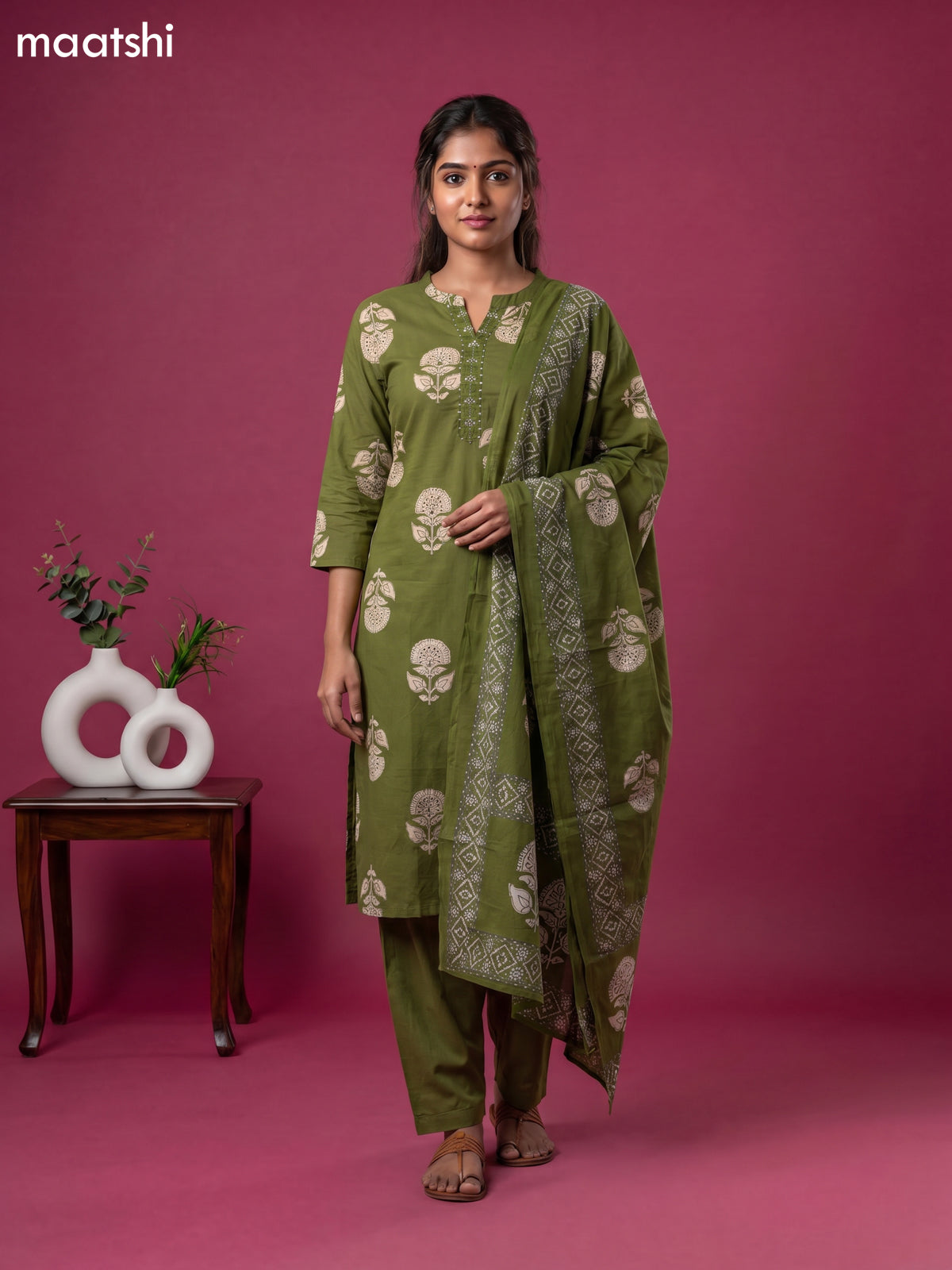 Sap Green Cotton Printed & Simple Embroidery Work Straight Suit