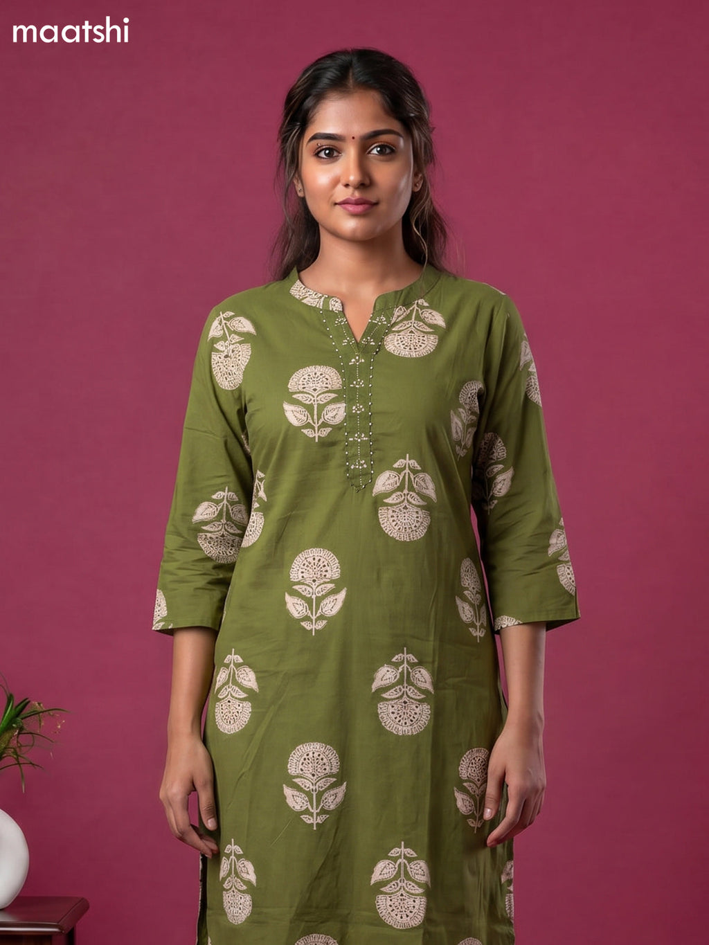 Sap Green Cotton Printed & Simple Embroidery Work Straight Suit