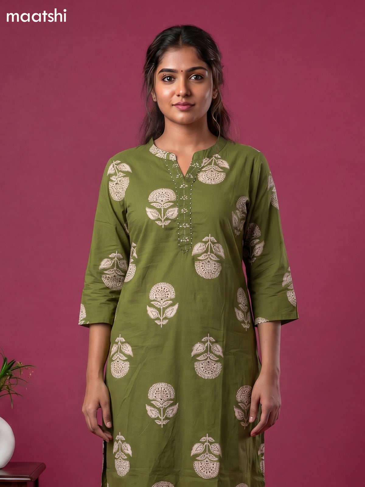 Sap Green Cotton Printed & Simple Embroidery Work Straight Suit