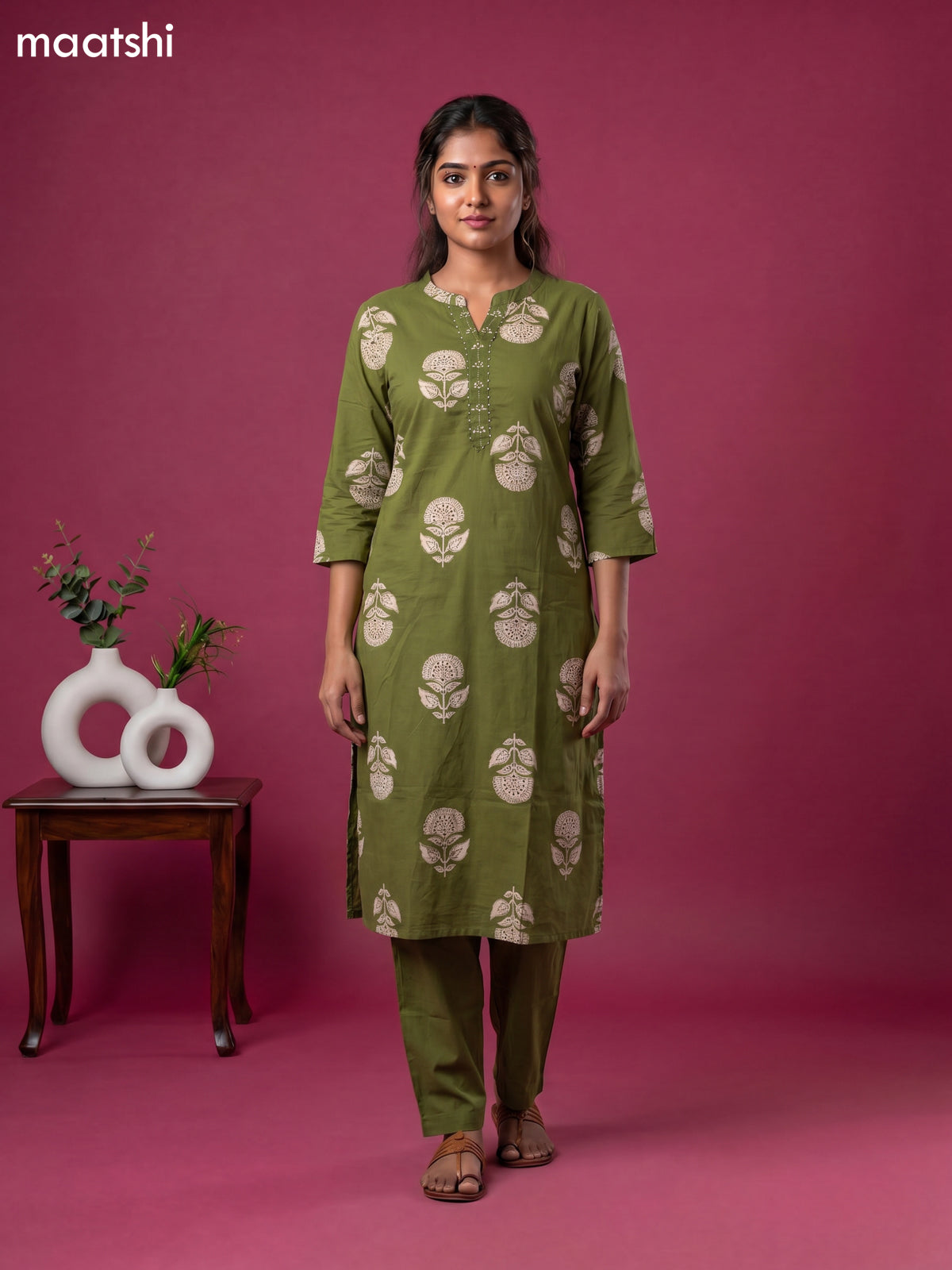 Sap Green Cotton Printed & Simple Embroidery Work Straight Suit